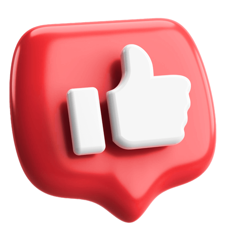 Rotes 3D-Symbol mit weißem Daumen-hoch-Like-Icon.
