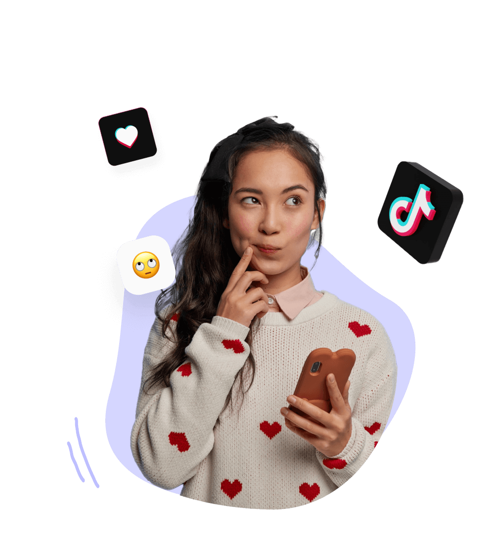 Nachdenkliche Frau mit Smartphone, umgeben von TikTok- und Like-Symbolen sowie einem Emoji mit verdrehten Augen.