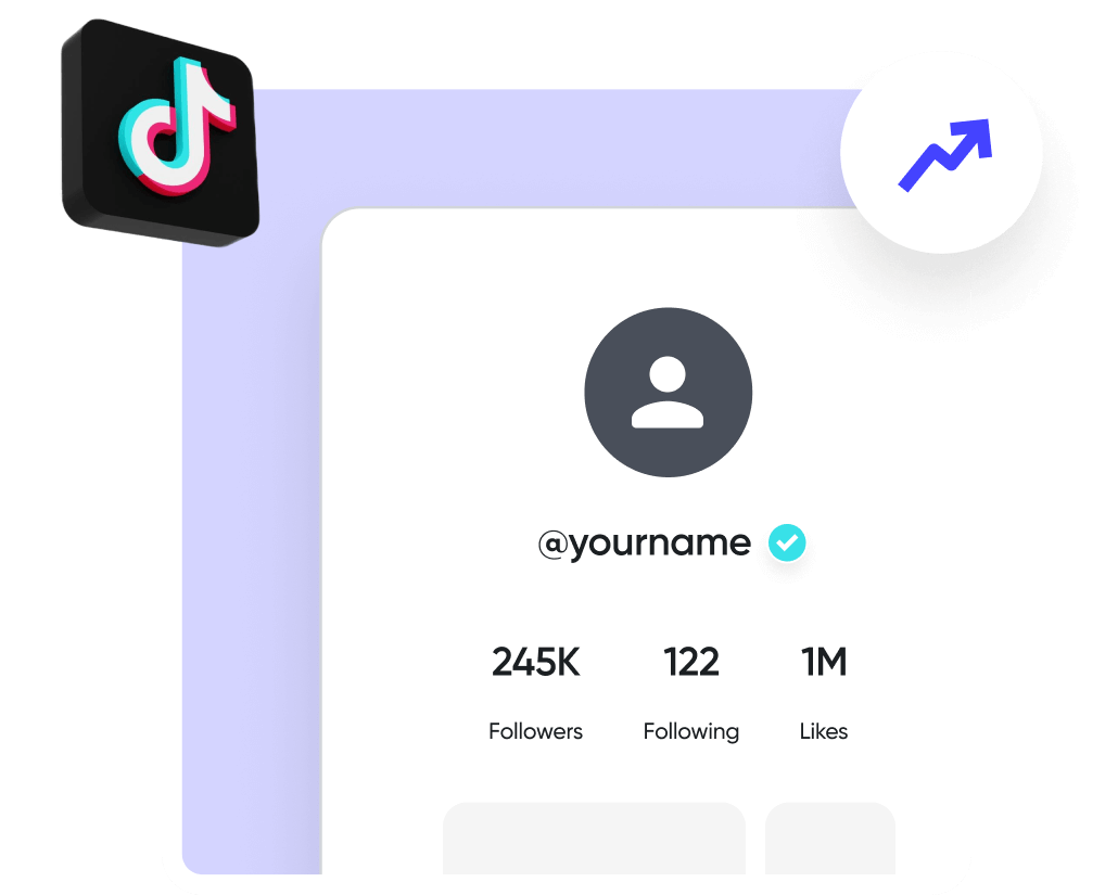 TikTok-Profil mit verifiziertem Nutzernamen, 245K Followern, 122 gefolgten Accounts und 1M Likes, umgeben von TikTok- und Wachstumssymbolen.