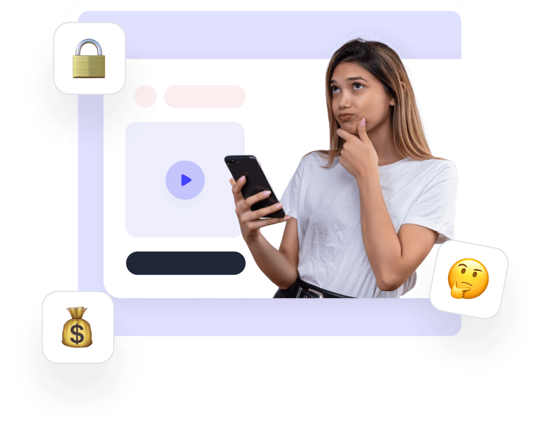 Nachdenkliche Frau mit Smartphone vor einer abstrakten Plattform, umgeben von Symbolen für Geld, Sicherheit und Nachdenken.