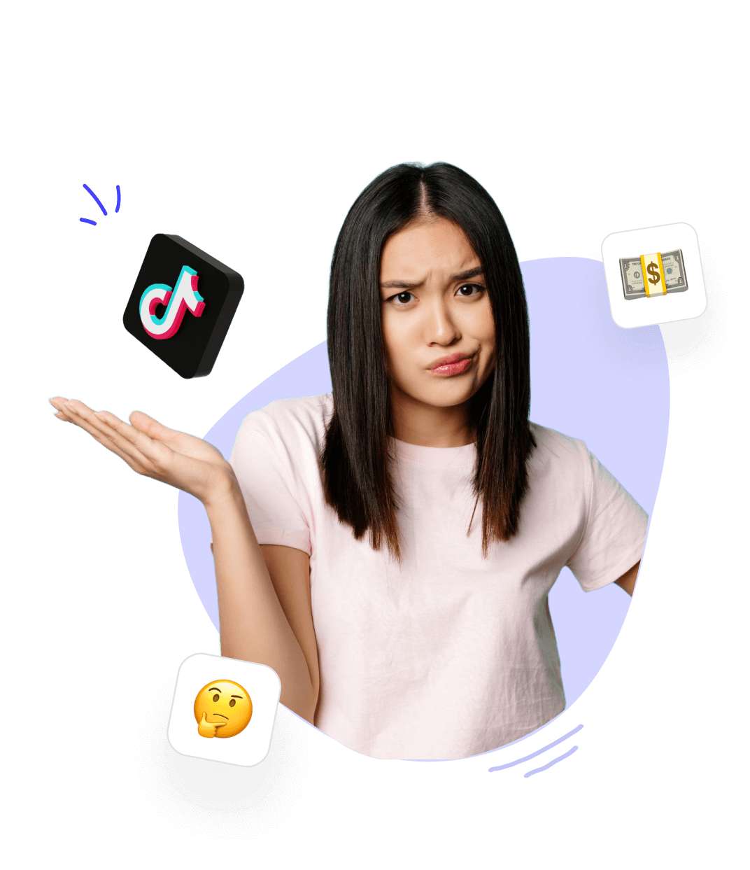 Frau hebt eine Hand, umgeben von TikTok- und Geld-Symbolen.