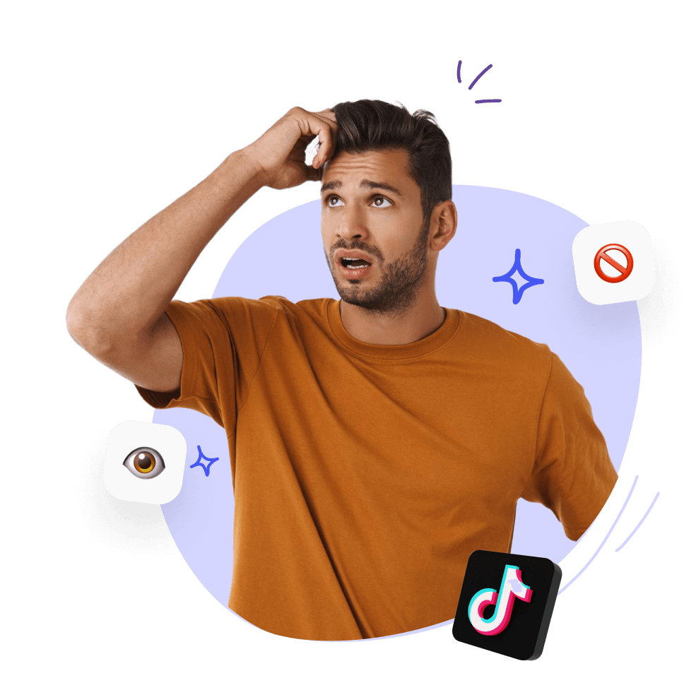Mann in orangefarbenem Shirt, kratzt sich am Kopf, umgeben von TikTok-Logo, Auge-Emoji und Verbotssymbol.