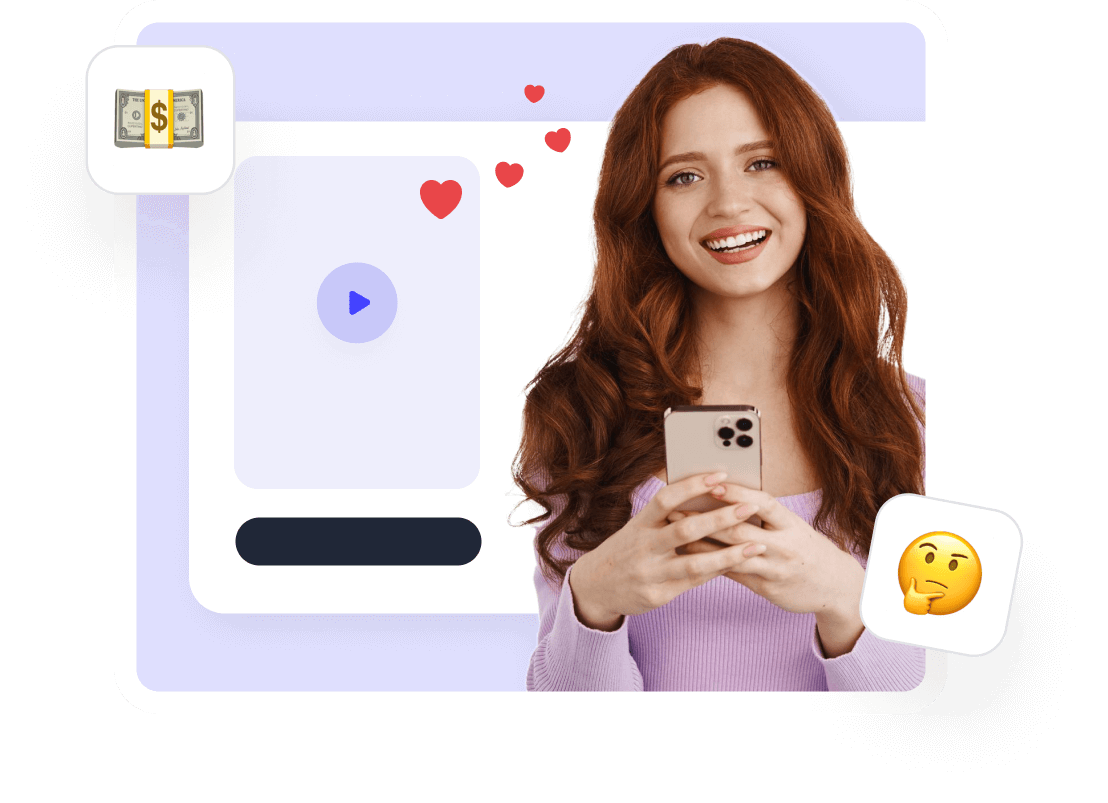 Lachende Frau mit Smartphone, umgeben von Social-Media-Icons, Herzen und Geldsymbolen.