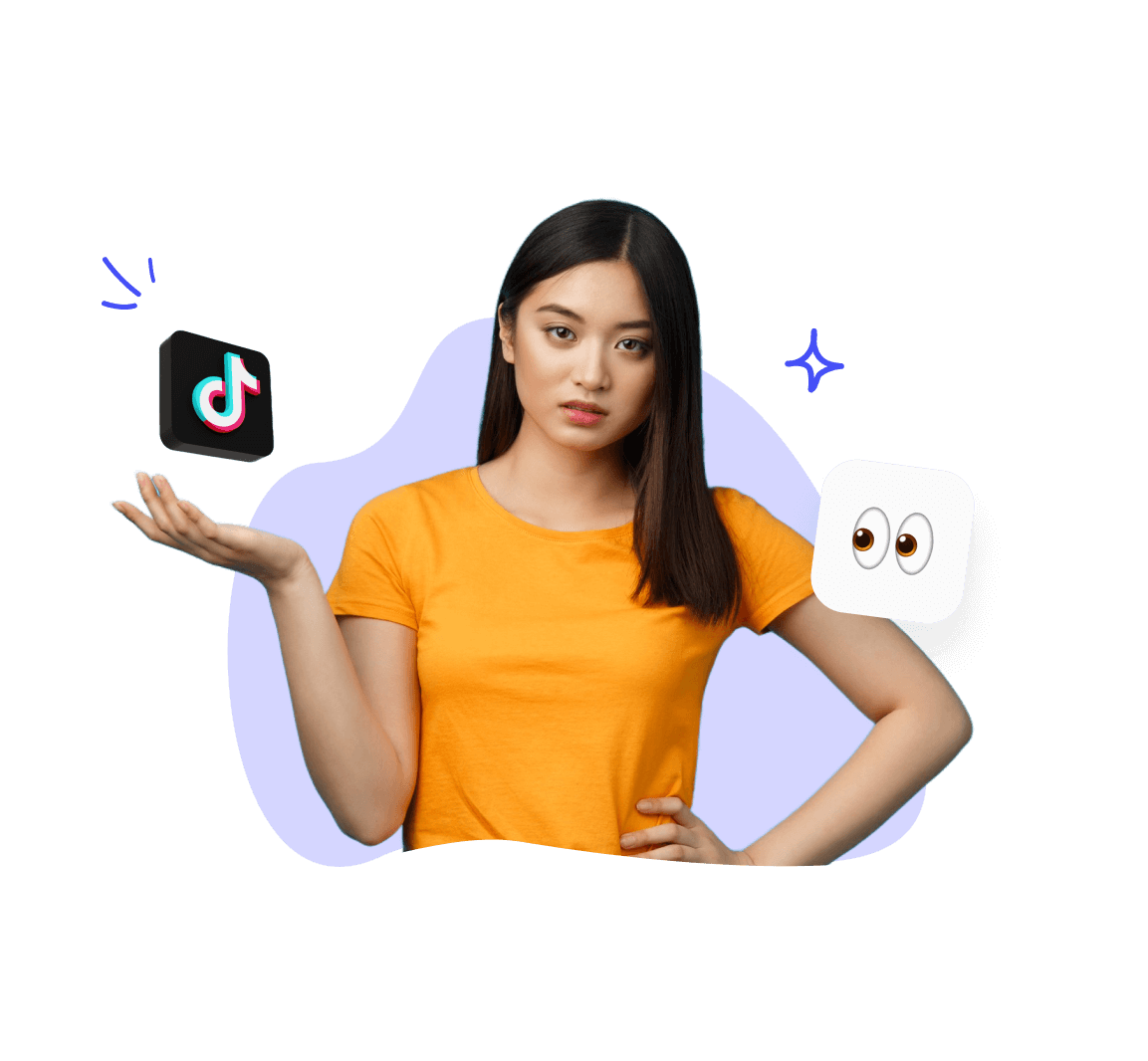 Frau in orangefarbenem Shirt hält TikTok-Logo in der Hand, mit nachdenklichem Blick und Social-Media-Symbolen im Hintergrund.
