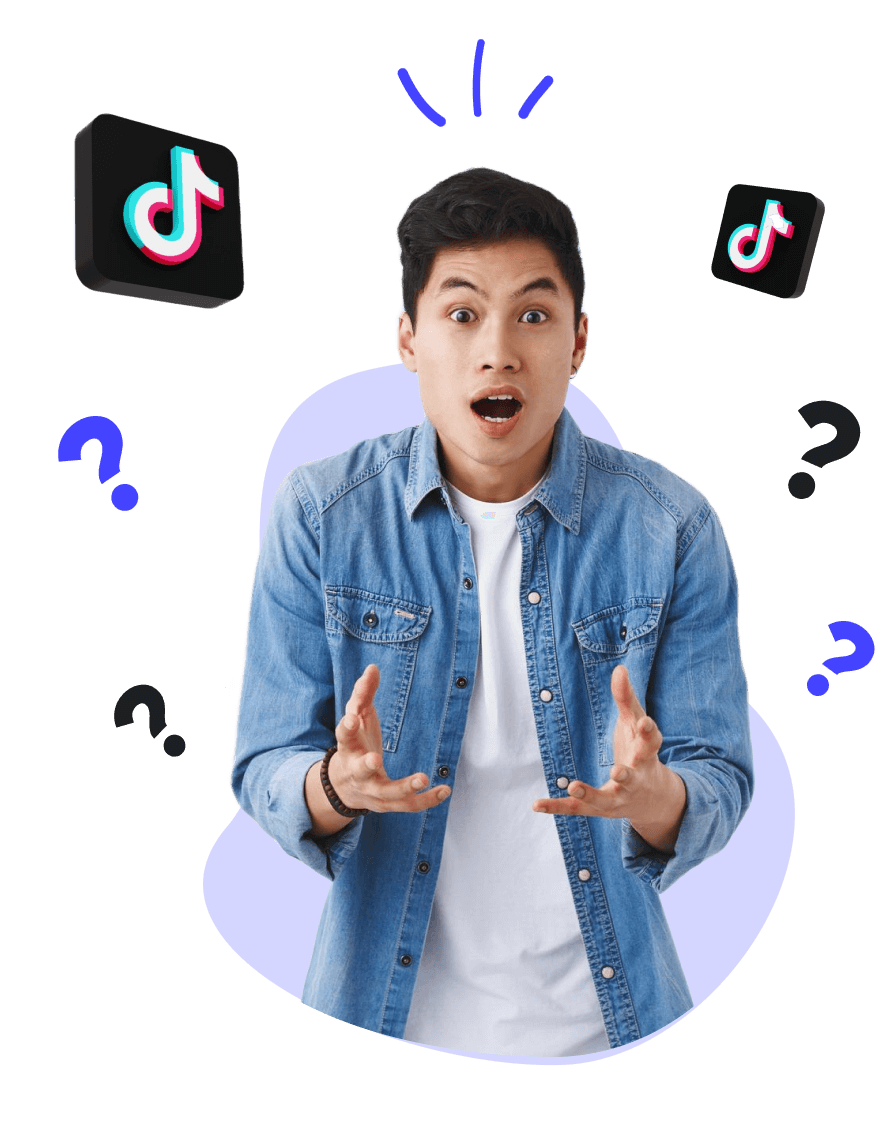 Überraschter Mann mit TikTok-Logos und Fragezeichen.