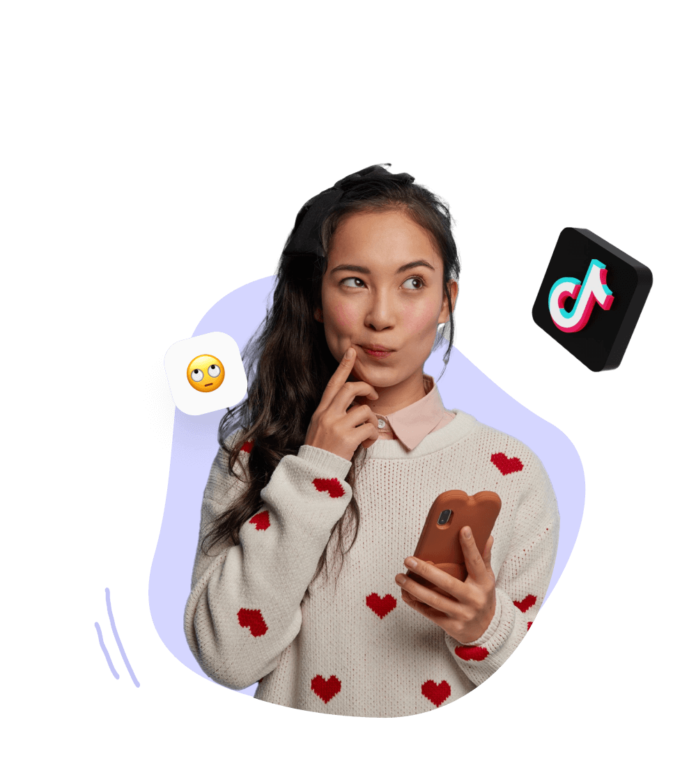 Nachdenkliche Frau mit Smartphone, TikTok-Logo und Emoji.