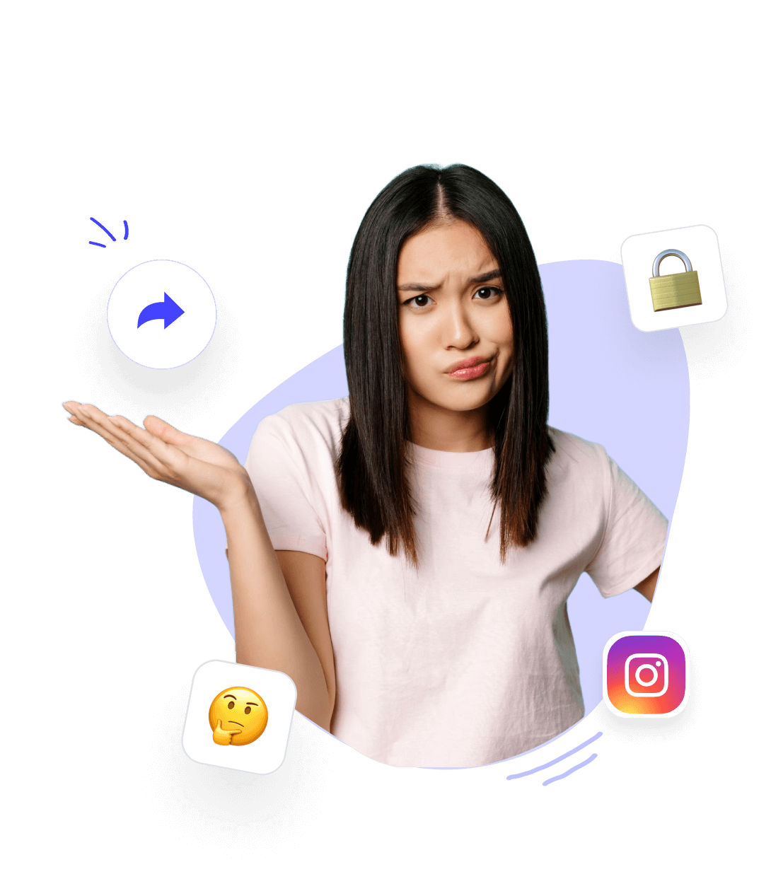 Nachdenkliche Frau mit fragendem Blick, umgeben von Instagram-Logo, Schloss-Symbol und Emojis, symbolisiert Datenschutz und Unsicherheiten im Social Media Kontext.