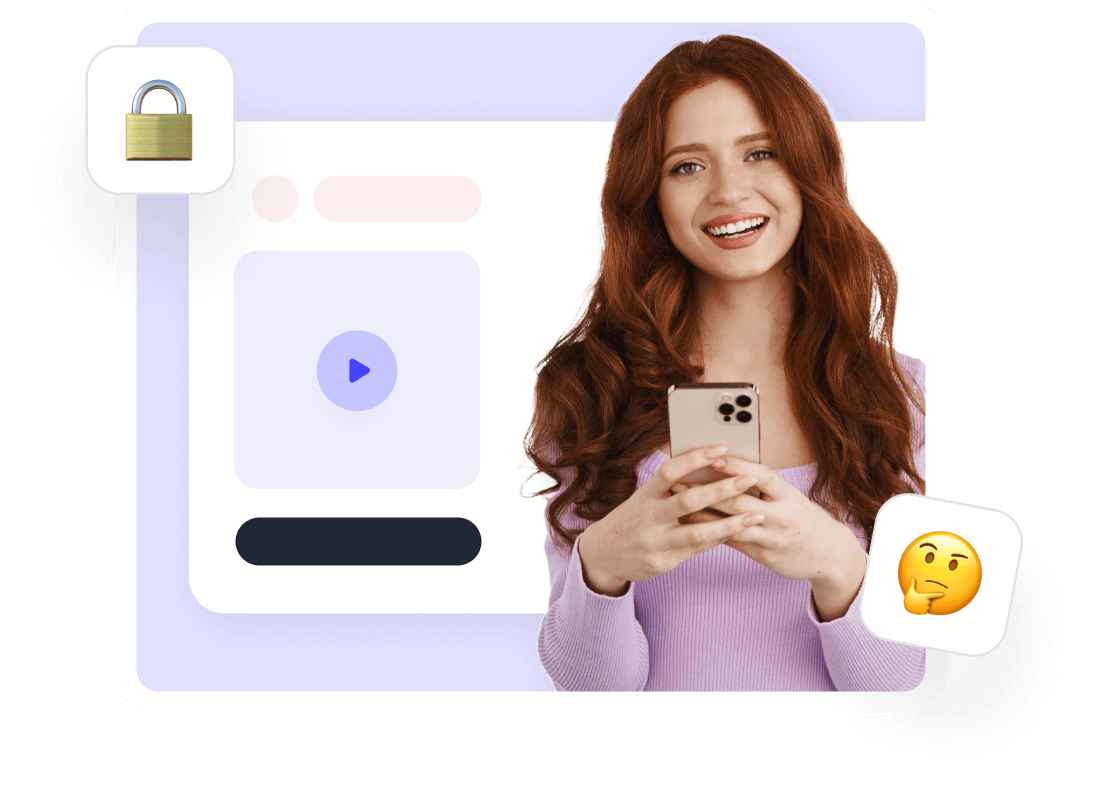 Lächelnde Frau mit Smartphone, umgeben von Schloss- und Nachdenk-Emojis, symbolisiert sichere Social Media Nutzung.