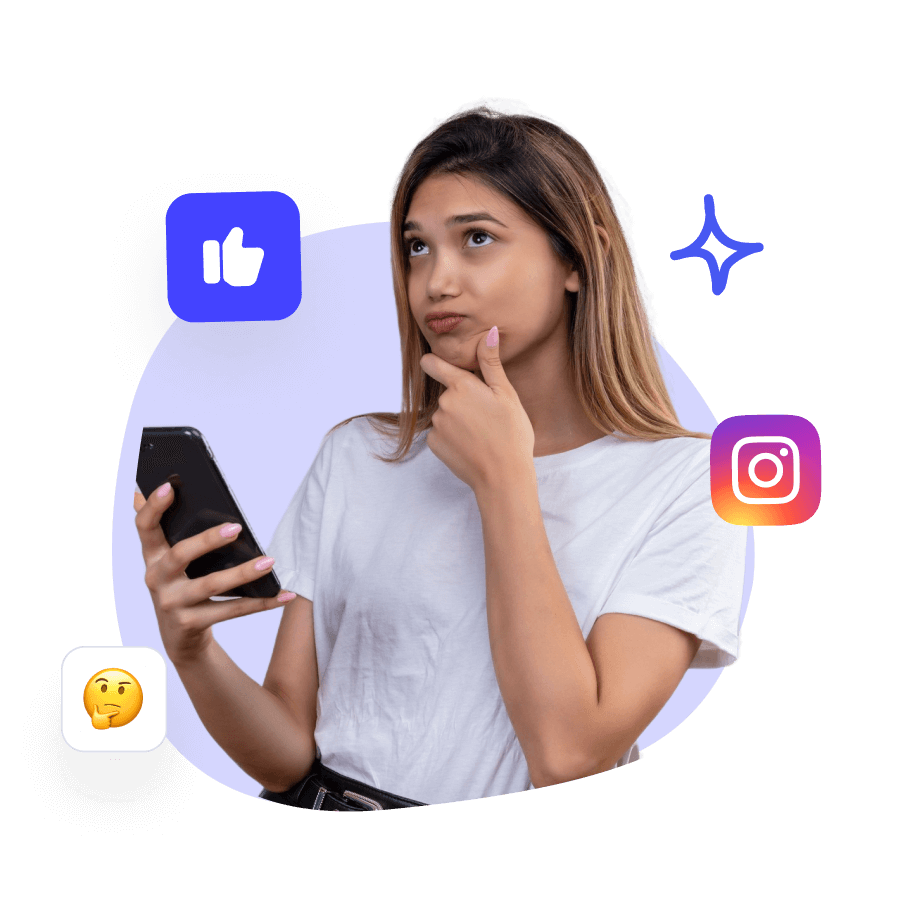 Nachdenkliche Frau mit Smartphone, umgeben von Like- und Instagram-Symbolen, symbolisiert Social Media Interaktion.