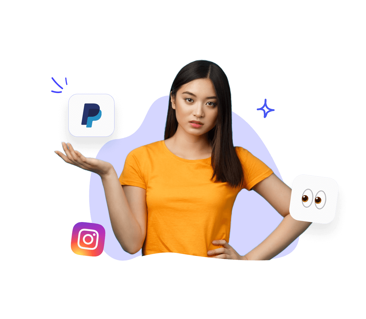 Junge Frau in orangefarbenem Shirt mit PayPal- und Instagram-Logo sowie Symbolen, die Transparenz und Vertrauen beim Kauf von Social-Media-Services symbolisieren.