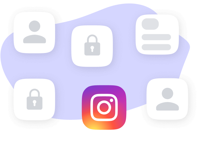 Instagram-Logo umgeben von Icons für Benutzerprofile und Sicherheitsschlösser, symbolisiert Datenschutz und Nutzerverwaltung auf Social Media