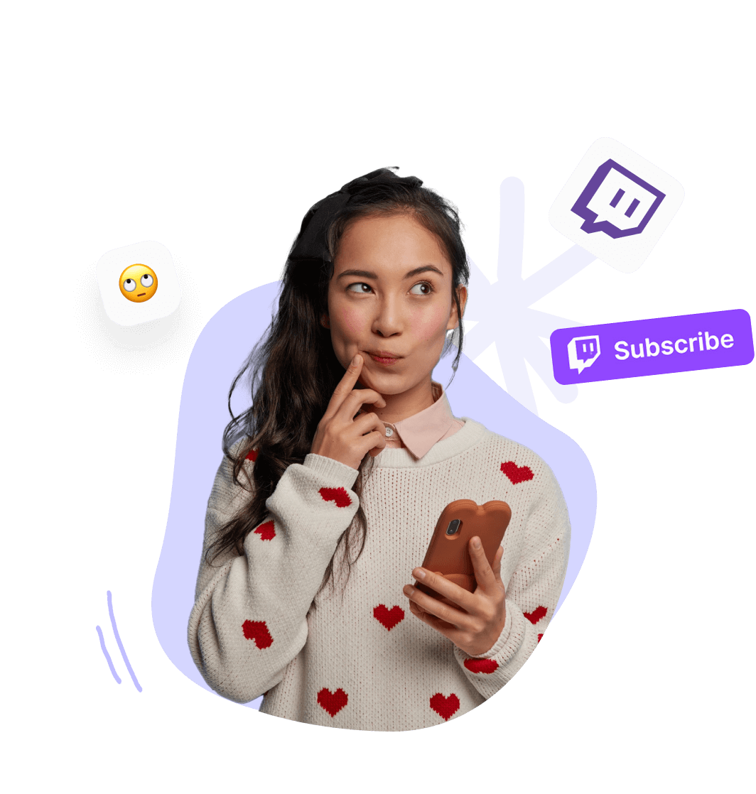 Frau mit Smartphone, Twitch-Logo und 'Subscribe'-Button