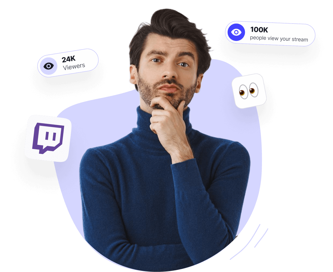 Person nachdenklich mit Twitch-Logo, Viewer- und Stream-Statistiken (24K und 100K Zuschauer)