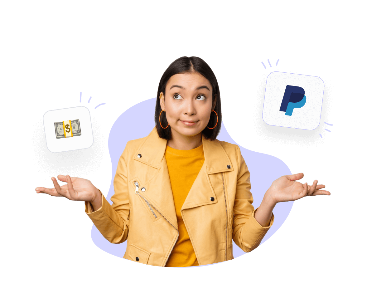 Frau mit Geld und PayPal-Logo in den Händen, symbolisiert den Kauf von Likes oder Engagement