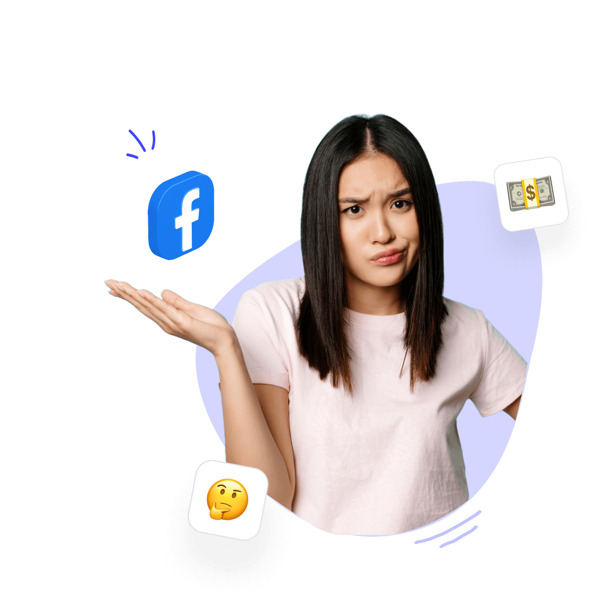 Frau hebt die Hand mit Facebook-Logo, Geldsymbol und Emoji für Nachdenklichkeit.