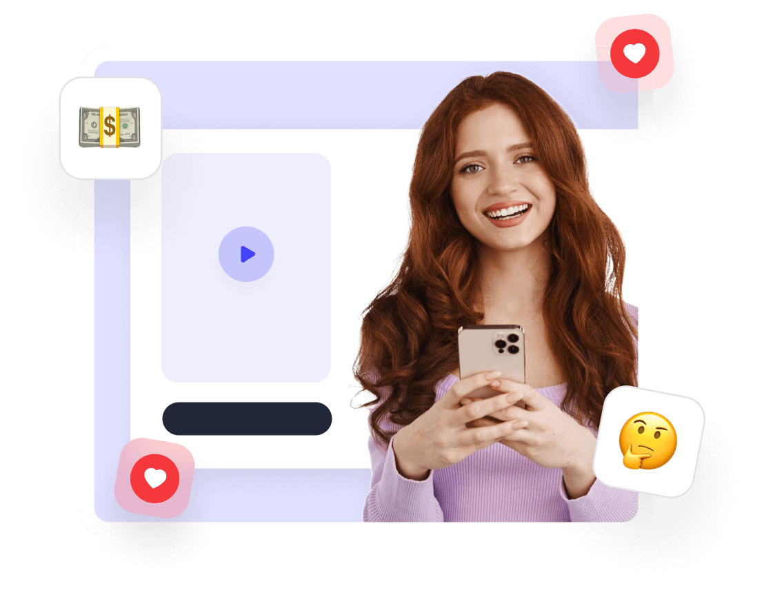Lächelnde Frau mit Smartphone, Likes, Geldsymbol und Video-Icon.