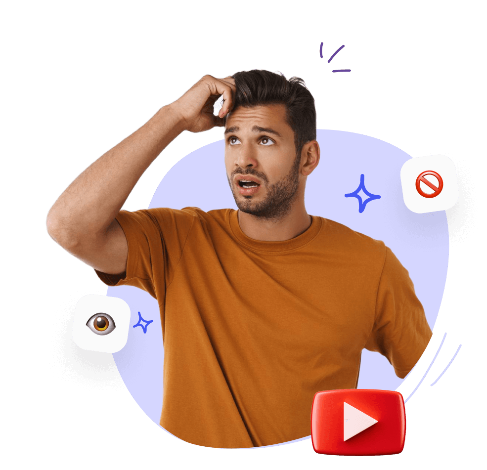 Verwirrter Mann in orangefarbenem Shirt, YouTube-Logo, Auge- und Verbotssymbol.